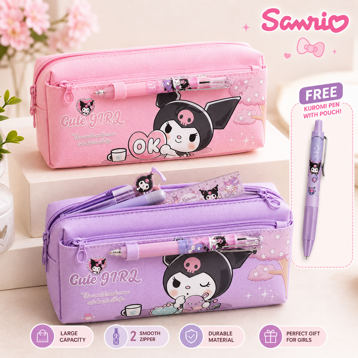 Kuromi Stationery Pencil Pouch With Free Kuromi Pen