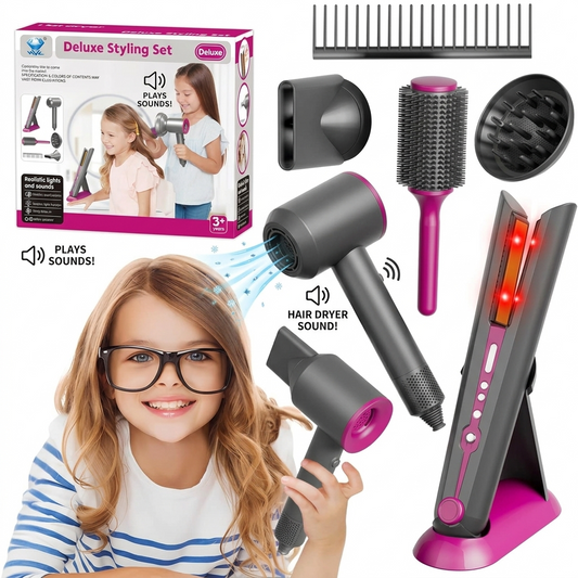 Kids Hair Salon Pretend Play Set With Real Light & Sound Hair Dryer & Straightener