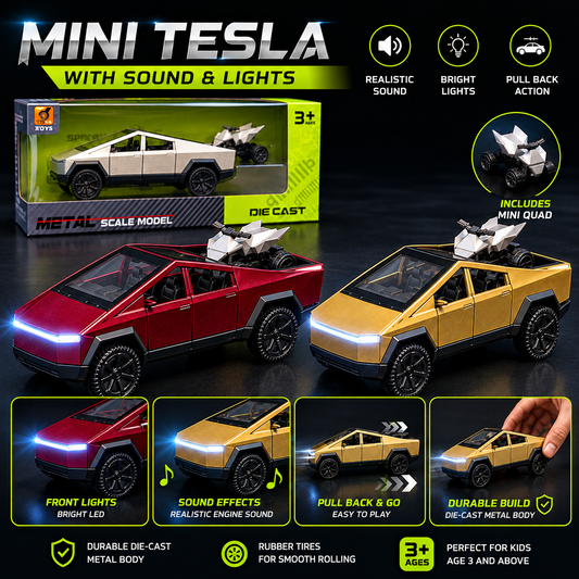 Mini Tesla Die-Cast Car with Sound & Front Lights – Includes Mini Quad Bike
