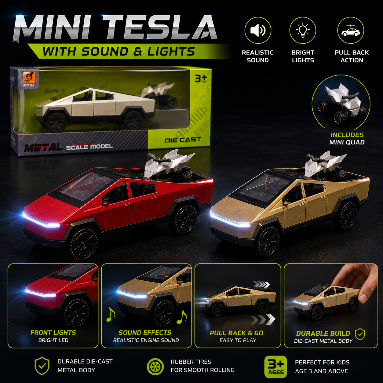 Mini Tesla Die-Cast Car with Sound & Front Lights – Includes Mini Quad Bike