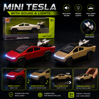 Mini Tesla Die-Cast Car with Sound & Front Lights – Includes Mini Quad Bike