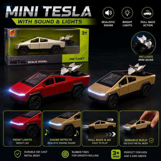 Mini Tesla Die-Cast Car with Sound & Front Lights – Includes Mini Quad Bike