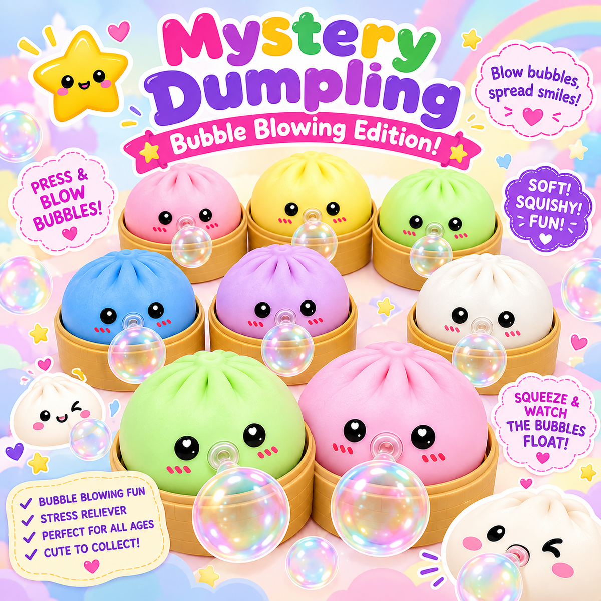 Mystery Dumpling Bubble Blowing Squishy Toy