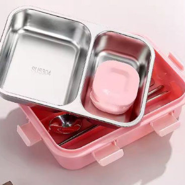 2-Compartment Stainless Steel Bento Lunch Box – Leakproof, Includes Sauce Bowl & Cutlery