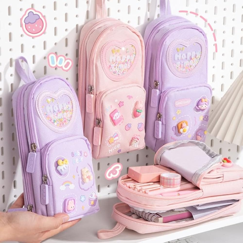 School Bag Shape 3 Zips Pencil Pouch