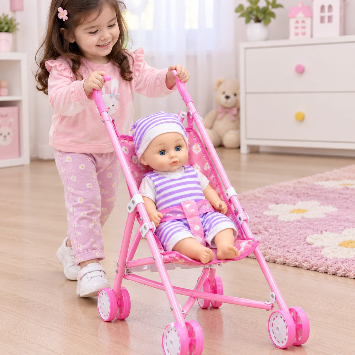 Pram Stroller and Realistic Baby Doll With Moving Eyes