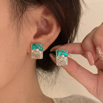 Whimsical Princess Enamel Floral Rectangle Earings