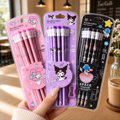 Pack Of 12 High Quality Character Pencils Pack With Sharpener & Erasers