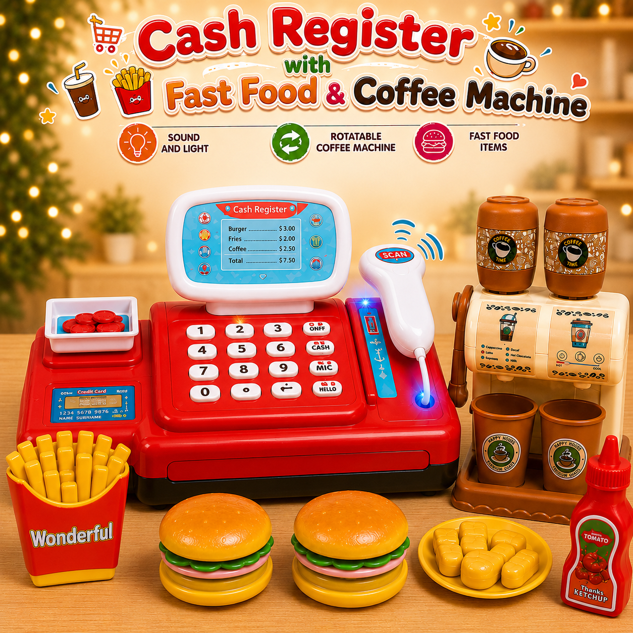 Fast Food Cash Register With Sound and Lights | Coffee Machine Also Included