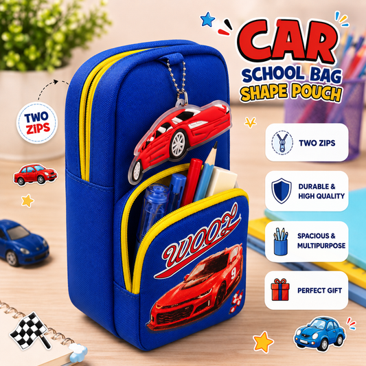 Cars School Bag Shape Double Zip Stationery Pouch