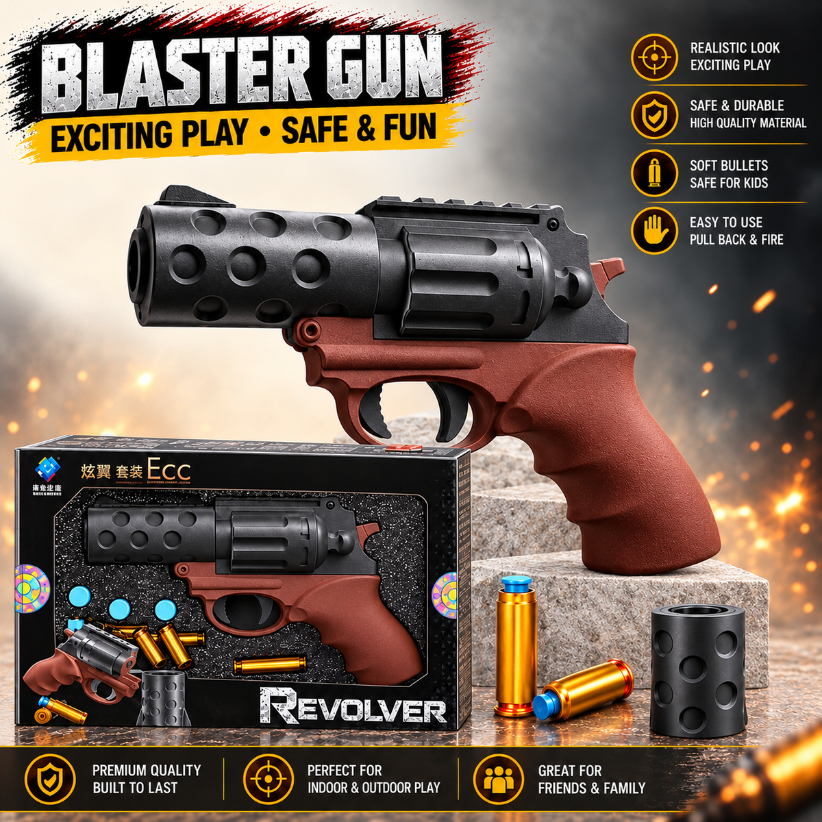 Revolver Realistic Blaster Pistol Gun With Soft Bullets & Premium Box