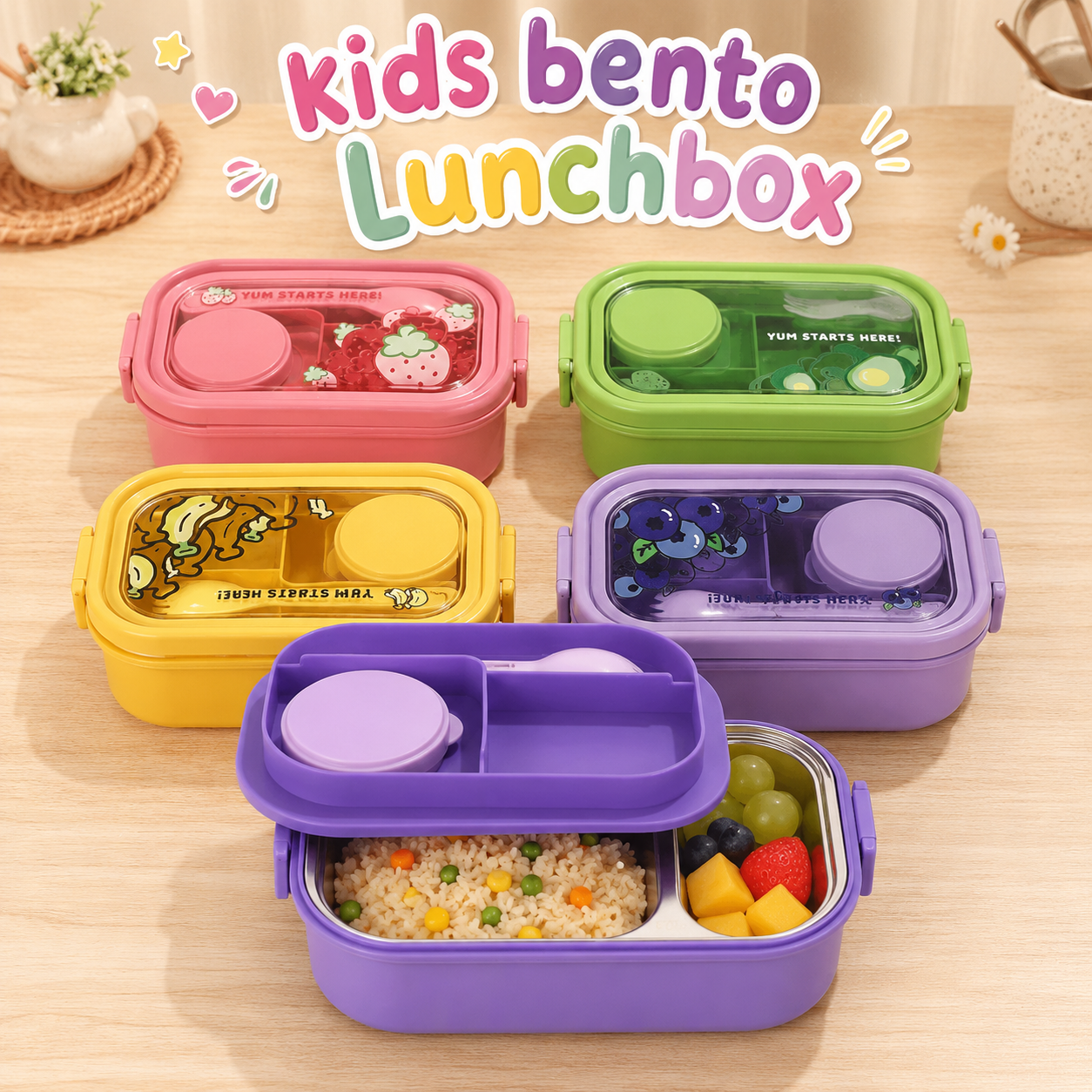 Kids Lunch Box with Stainless Steel Compartments + Sauce Box (Fruit Theme)