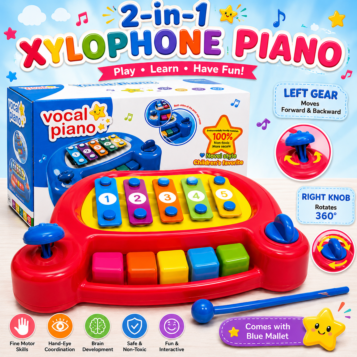 2 in 1 Big Size Xylophone Piano With Fidget Toys