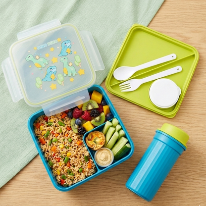 Dinosaur BPA Free Bento Lunchbox and Bottle Set With Fork Spoon and Sauce Box