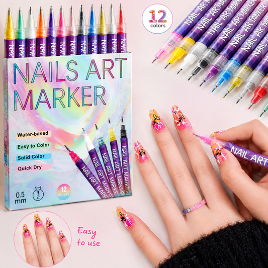 Nail Art Marker Pen Set (12 Colors) – Fine Tip Nail Design Pens