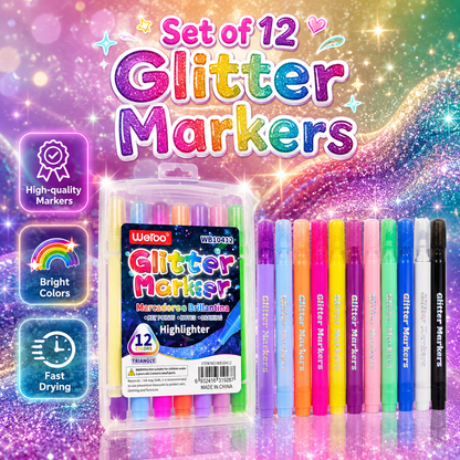 Set Of 12 Glitter Markers In Bright Neon Colors