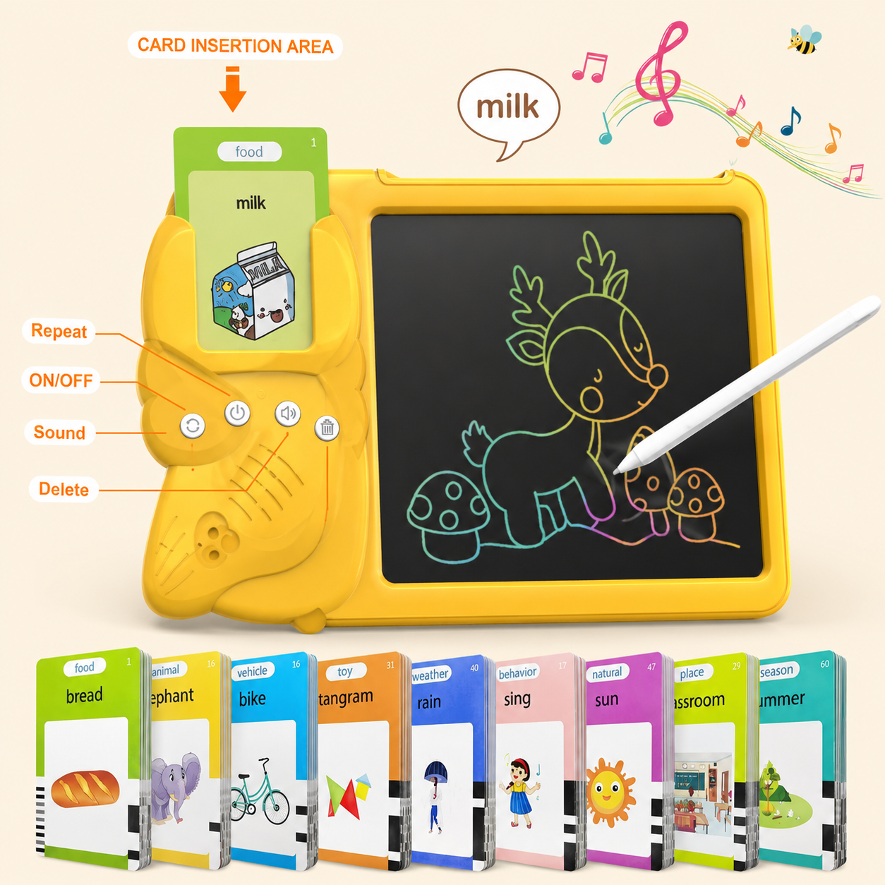 2 in 1 Kids Smart Flash Card Reader Machine & LCD Writing Tablet
