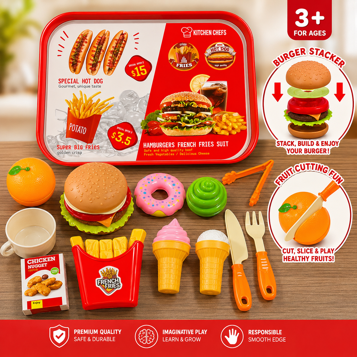 Fast Food Pretend Play Set With Burger Stacker and Fruits Cutting
