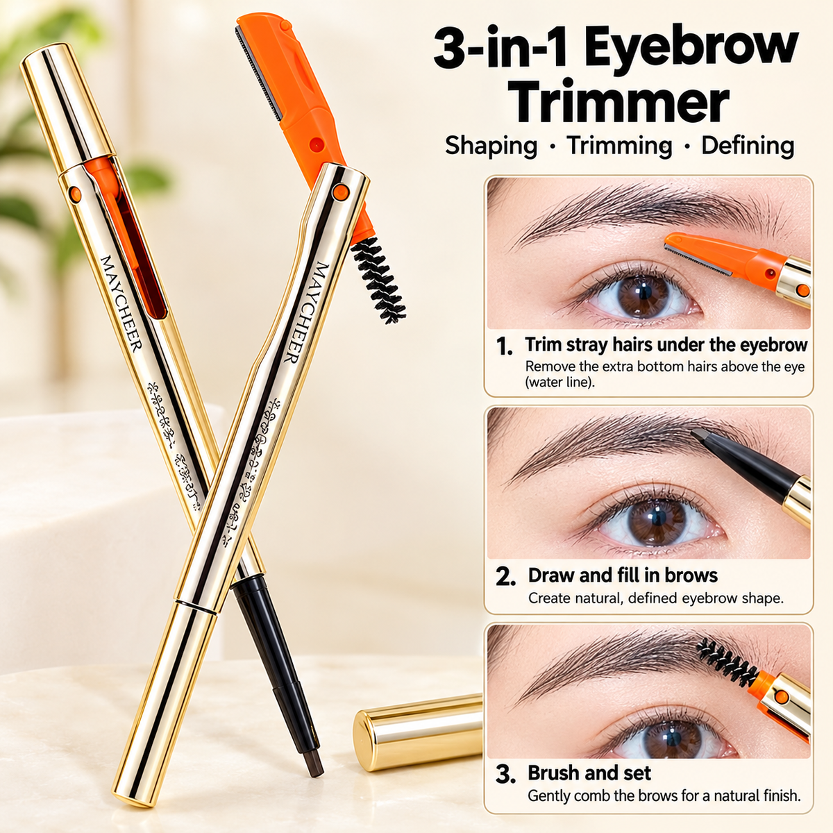 3-in-1 Compact Eyebrow Pencil | Brush | Trimmer Razor