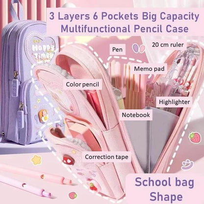 School Bag Shape 3 Zips Pencil Pouch