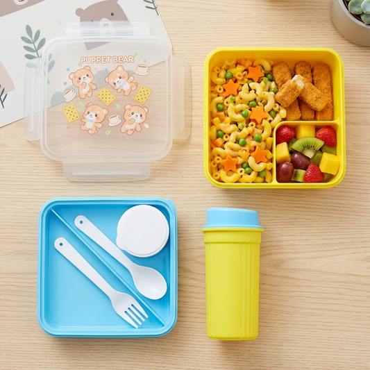 Kawaii Bear BPA Free Bento Lunchbox and Bottle Set With Fork Spoon and Sauce Box
