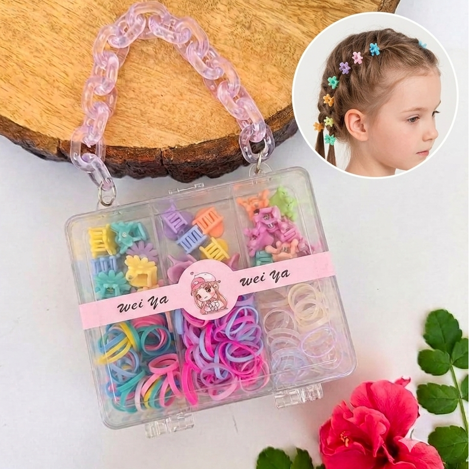 Kids Princess Hair Accessory Bag | 24 Mini Catchers, 100 Rubber Band Ponies