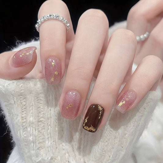 Premium DIY Press-On Nails – Rich Chocolate & Soft Pink with Subtle Glitter