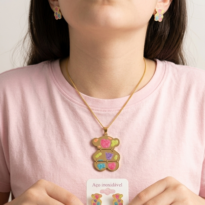Cute Multicolored Teddy Bear Pendant & Earrings Set – Stainless Steel Jewelry for Girls