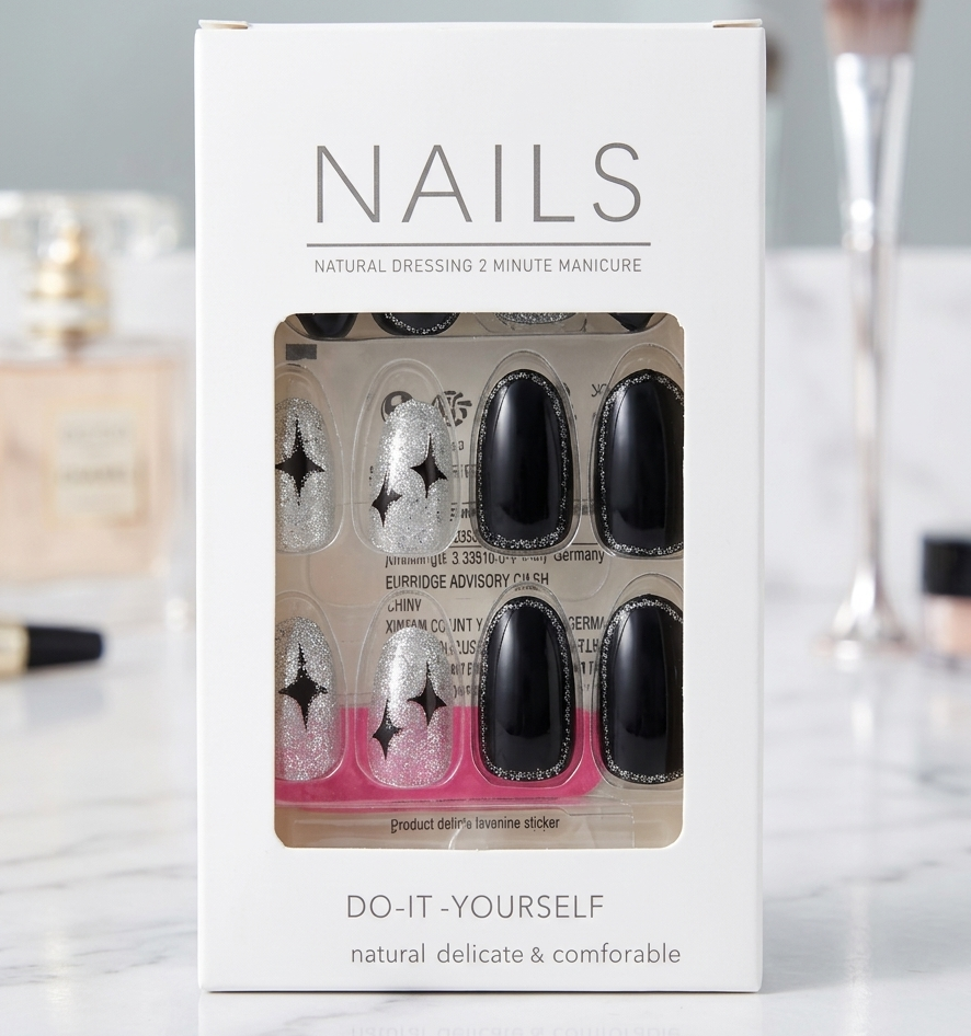 Premium 24pcs Press-On Nail Kit – Elegant Black & Silver Star Design