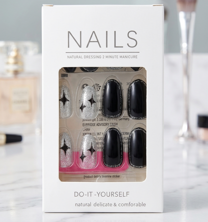 Premium 24pcs Press-On Nail Kit – Elegant Black & Silver Star Design
