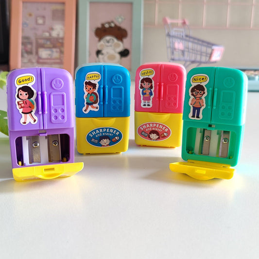 Mini Fridge Shape Pencil Sharpener with Eraser – Cute Stationery for Kids