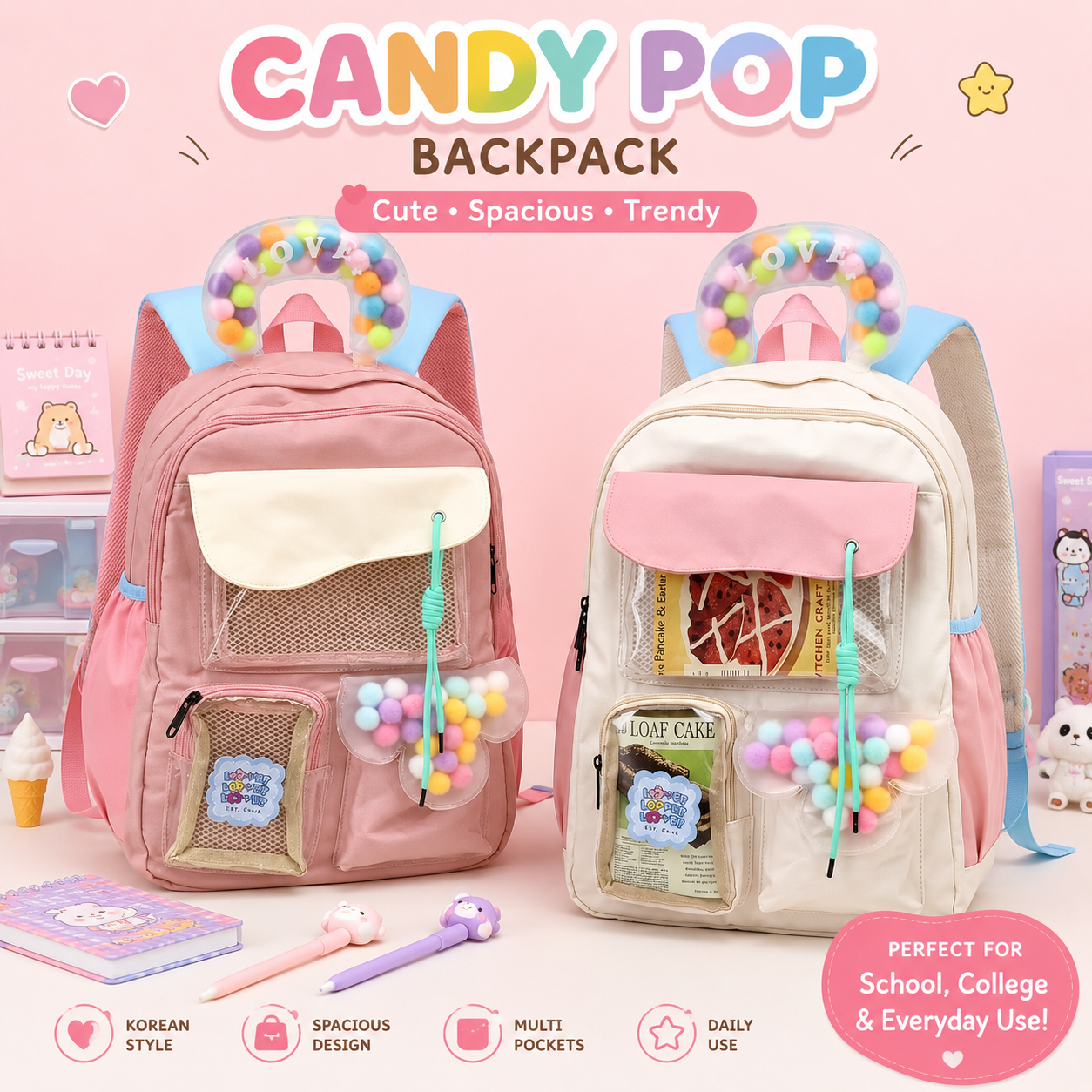 Candy Pop Backpack | Korean Aesthetic College & Montessori Bag Pack