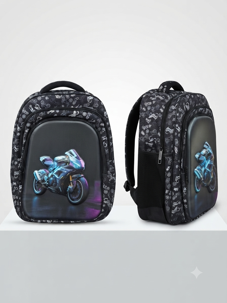 3D Hard-Shell Fiber Motorcycle School Bag 19 Inches