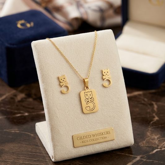 Dainty Golden Cat Pendant & Earrings Set – Premium Stainless Steel for Kids