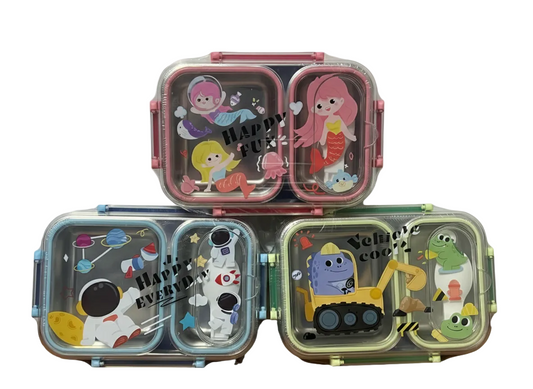 Kids Stainless Steel Lunch Box with 2 Compartments – Mermaid, Spaceship & Dinosaur Designs