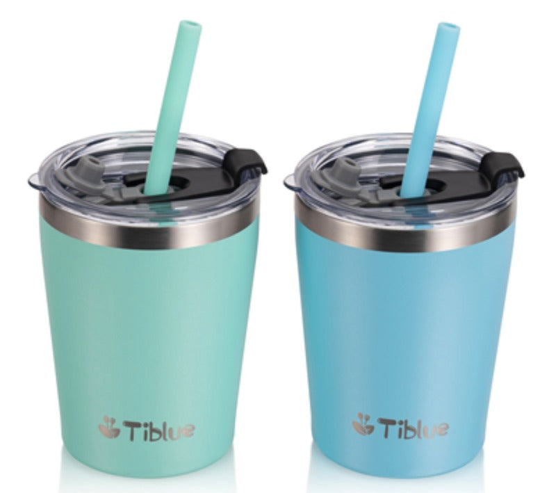 Tiblue Stainless Steel Tumbler Sipper Cup With Straw & Cleaner 8oz – Blue & Green (Pack Of 2)