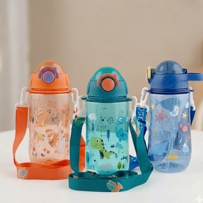 Kids Cartoon 600ml Sipper Water Bottle with Adjustable Strap & Cap Lock