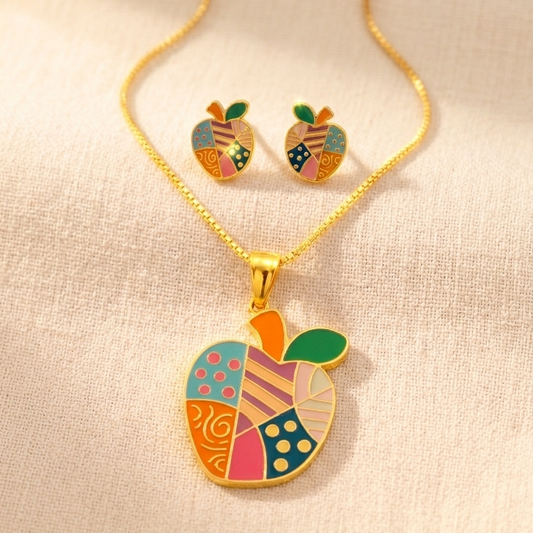 Whimsical Apple Motif Enamel Pendant & Earring Set