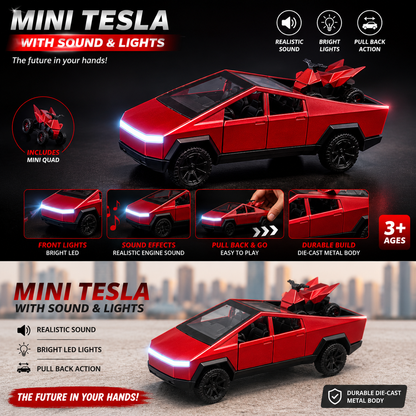 Mini Tesla Die-Cast Car with Sound & Front Lights – Includes Mini Quad Bike