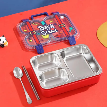 Back to School Stainless Steel Lunch Box - 3-Compartment Leak-Proof Design with Steel Spoon & Chopsticks