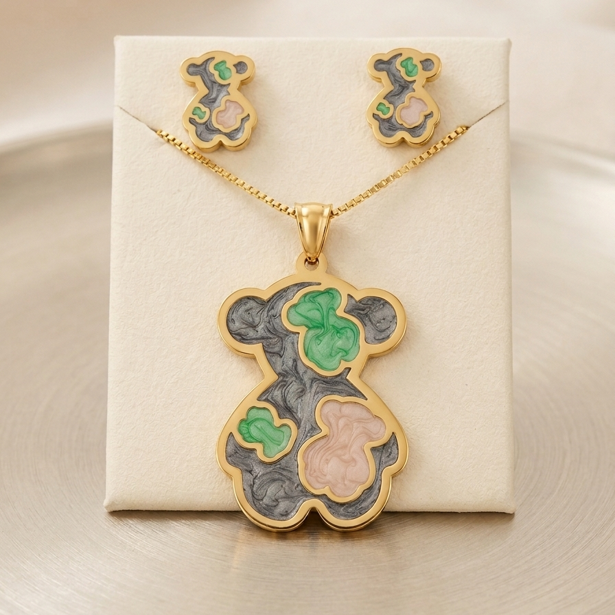 Elegant gold-plated stainless steel bear pendant necklace and earrings set