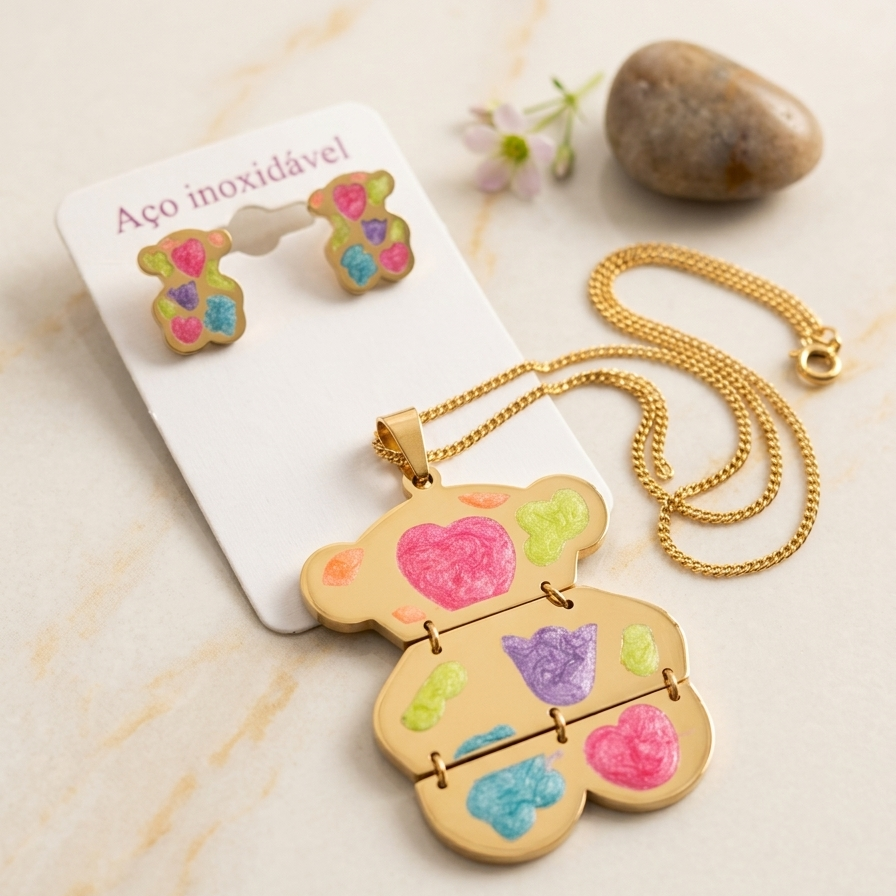 Cute Multicolored Teddy Bear Pendant & Earrings Set – Stainless Steel Jewelry for Girls