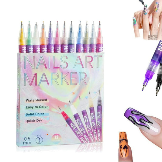 Nail Art Marker Pen Set (12 Colors) – Fine Tip Nail Design Pens