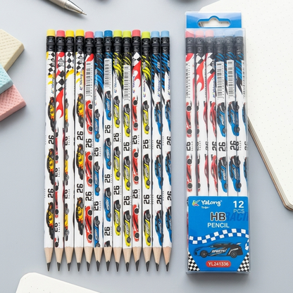 Yalong Cars Hb Pencil Set Of 12 With Erasers