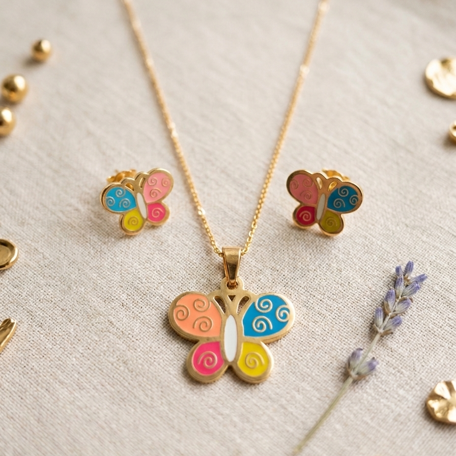 Whimsical Butterfly Enamel Pendant & Earring Set