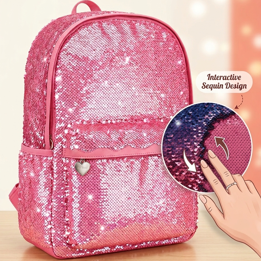 HOME & FAR Magic Pink Sequin Backpack | School, Montessori & College Bag
