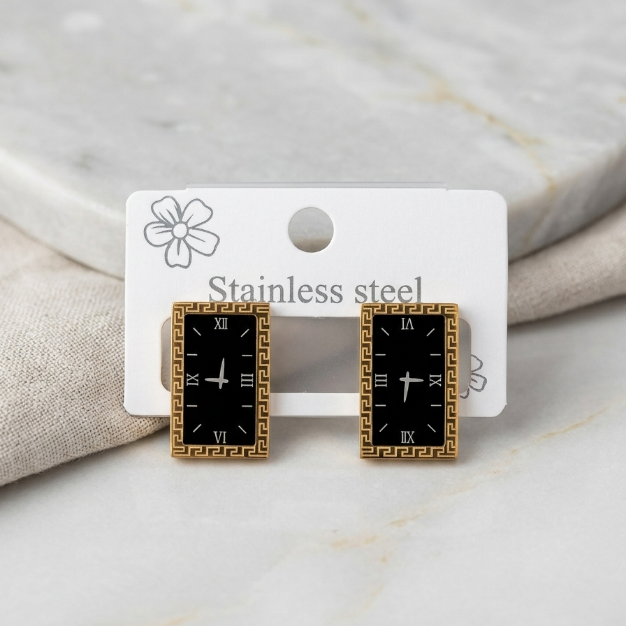 Vintage Clock Face Rectangular Stud Earrings – Premium Stainless Steel Jewelry
