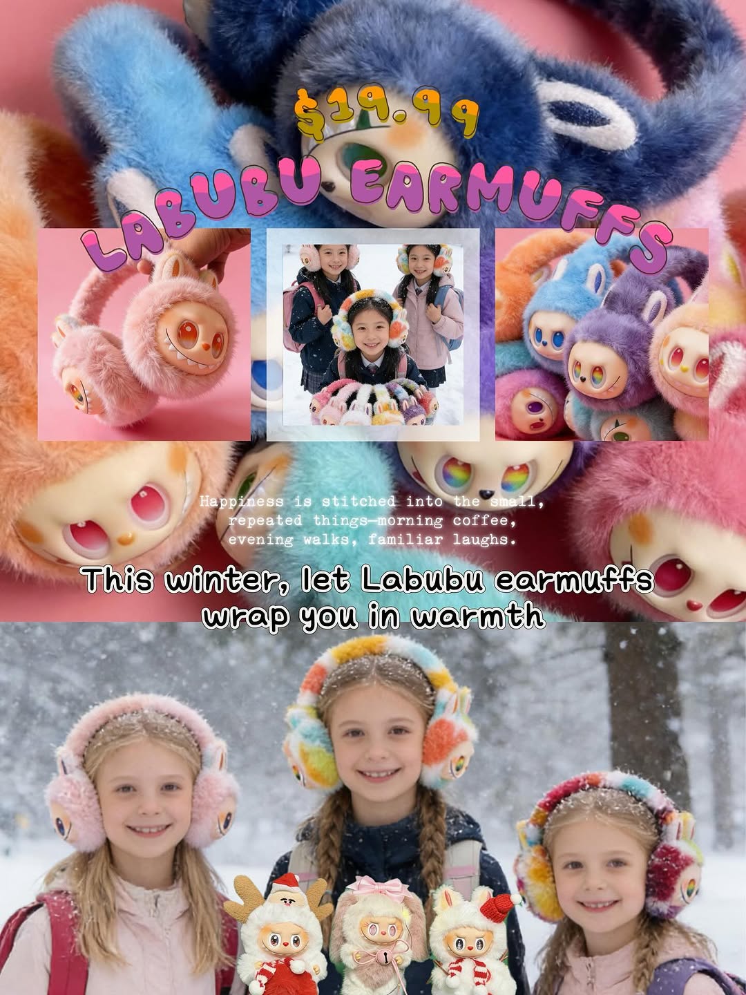 Labubu Plush Ear Muffs with Silicon Face – Cute Winter Ear Warmers for Kids