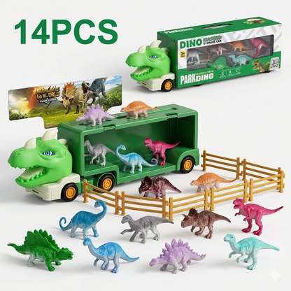 14-Piece Dinosaur Transport Truck Toy Set with Mini Dino Figures