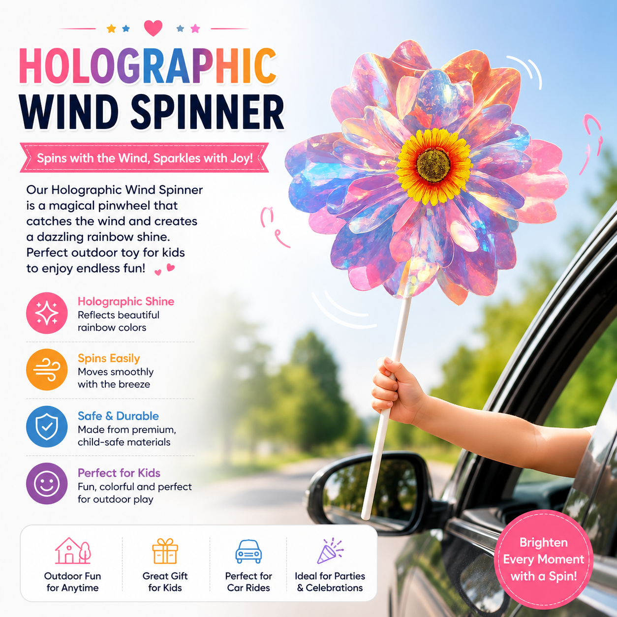 Holographic Wind Spinner – Colorful Outdoor Pinwheel for Kids